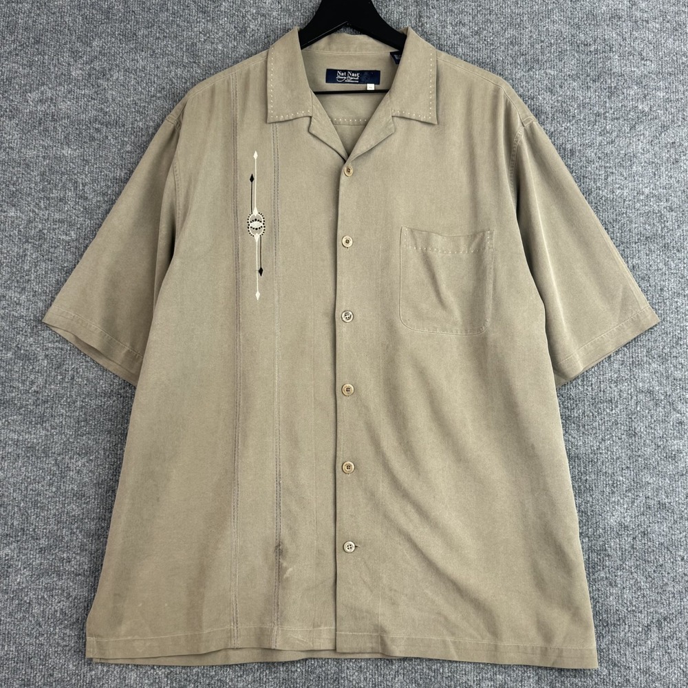 Nat Nast Shirt Mens XL Tan Silk Embroidered Camp Collar Short Sleeve Bowling